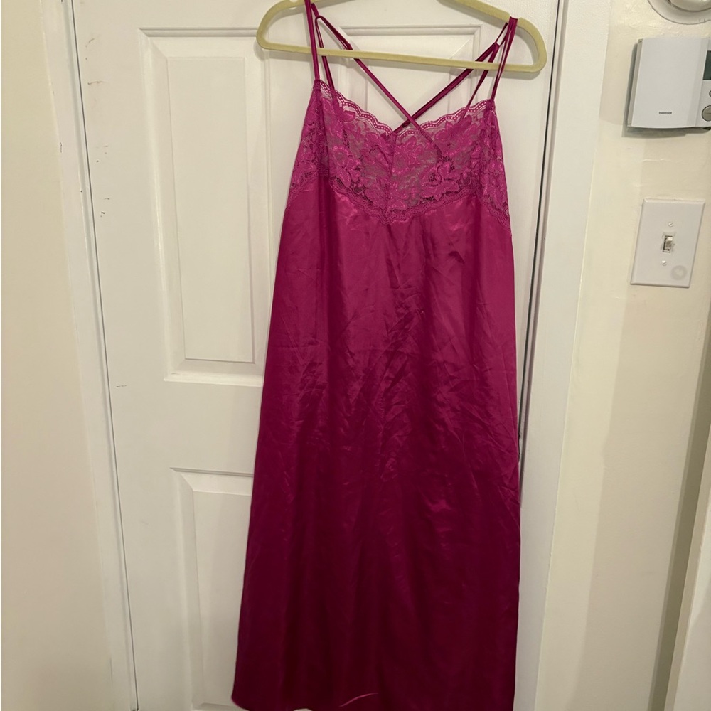 Vintage plus size Pink Satin Slip Chemise with Crisscross Straps